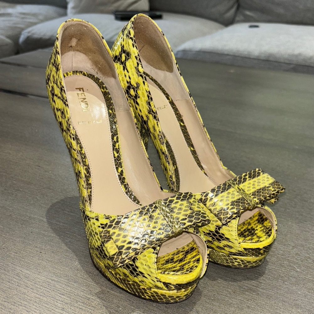 Fendi Yellow Stiletto Heels with Snakeskin Print
